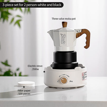 BINCOO Three-Valve Moka Pot with Electric Ceramic Stove Heating Home Espresso Coffee Maker with Grinder Set Ideal for Office, Outdoor, and Travel Use 2Cups/1Cup