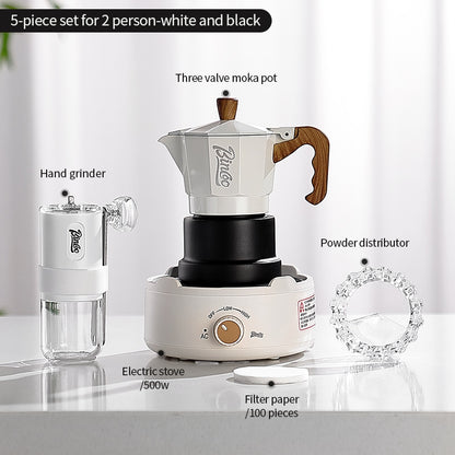 BINCOO Three-Valve Moka Pot with Electric Ceramic Stove Heating Home Espresso Coffee Maker with Grinder Set Ideal for Office, Outdoor, and Travel Use 2Cups/1Cup