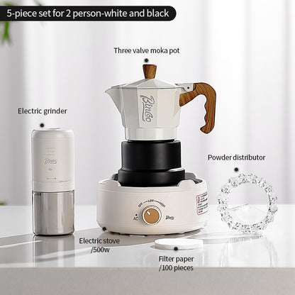 BINCOO Three-Valve Moka Pot with Electric Ceramic Stove Heating Home Espresso Coffee Maker with Grinder Set Ideal for Office, Outdoor, and Travel Use 2Cups/1Cup