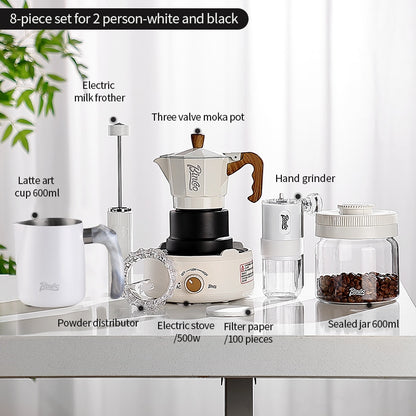 BINCOO Three-Valve Moka Pot with Electric Ceramic Stove Heating Home Espresso Coffee Maker with Grinder Set Ideal for Office, Outdoor, and Travel Use 2Cups/1Cup