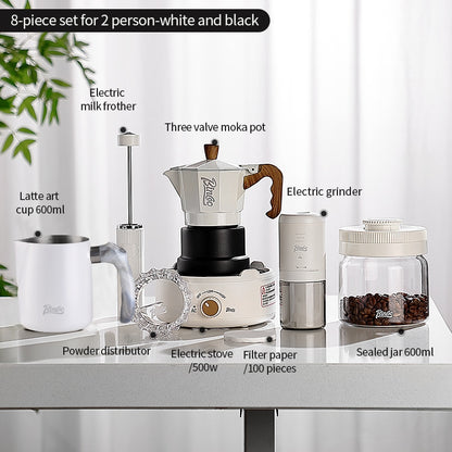 BINCOO Three-Valve Moka Pot with Electric Ceramic Stove Heating Home Espresso Coffee Maker with Grinder Set Ideal for Office, Outdoor, and Travel Use 2Cups/1Cup