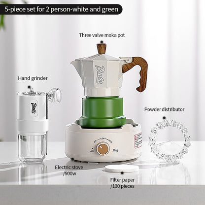 BINCOO Three-Valve Moka Pot with Electric Ceramic Stove Heating Home Espresso Coffee Maker with Grinder Set Ideal for Office, Outdoor, and Travel Use 2Cups/1Cup