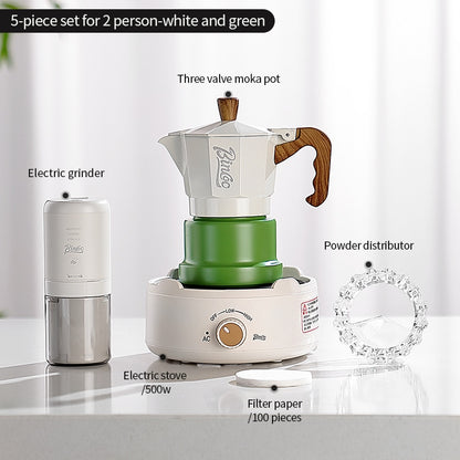 BINCOO Three-Valve Moka Pot with Electric Ceramic Stove Heating Home Espresso Coffee Maker with Grinder Set Ideal for Office, Outdoor, and Travel Use 2Cups/1Cup