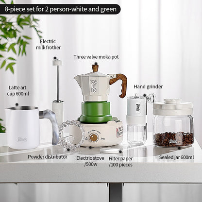 BINCOO Three-Valve Moka Pot with Electric Ceramic Stove Heating Home Espresso Coffee Maker with Grinder Set Ideal for Office, Outdoor, and Travel Use 2Cups/1Cup