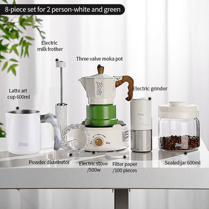 BINCOO Three-Valve Moka Pot with Electric Ceramic Stove Heating Home Espresso Coffee Maker with Grinder Set Ideal for Office, Outdoor, and Travel Use 2Cups/1Cup