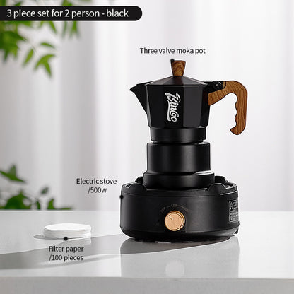 BINCOO Three-Valve Moka Pot with Electric Ceramic Stove Heating Home Espresso Coffee Maker with Grinder Set Ideal for Office, Outdoor, and Travel Use 2Cups/1Cup