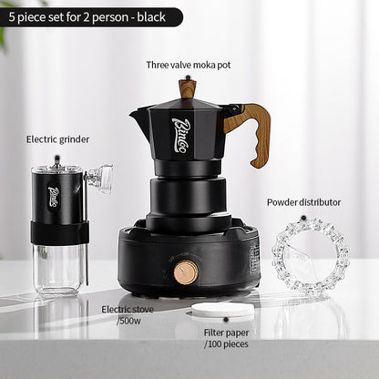 BINCOO Three-Valve Moka Pot with Electric Ceramic Stove Heating Home Espresso Coffee Maker with Grinder Set Ideal for Office, Outdoor, and Travel Use 2Cups/1Cup