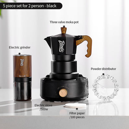 BINCOO Three-Valve Moka Pot with Electric Ceramic Stove Heating Home Espresso Coffee Maker with Grinder Set Ideal for Office, Outdoor, and Travel Use 2Cups/1Cup