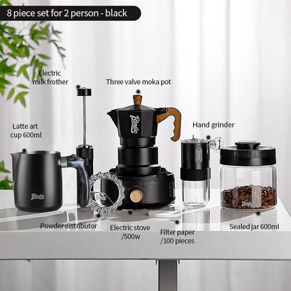 BINCOO Three-Valve Moka Pot with Electric Ceramic Stove Heating Home Espresso Coffee Maker with Grinder Set Ideal for Office, Outdoor, and Travel Use 2Cups/1Cup