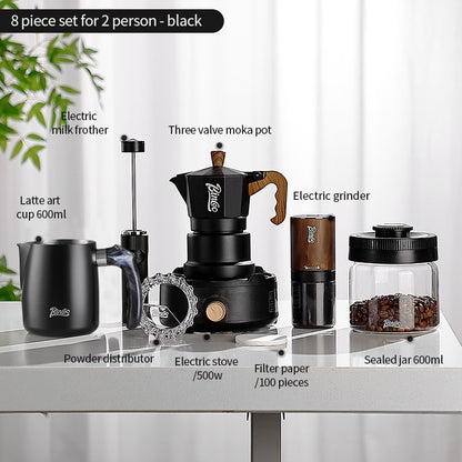 BINCOO Three-Valve Moka Pot with Electric Ceramic Stove Heating Home Espresso Coffee Maker with Grinder Set Ideal for Office, Outdoor, and Travel Use 2Cups/1Cup