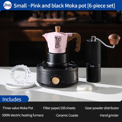 BINCOO Three-Valve Moka Pot with Electric Ceramic Stove Set Home Manual Grinder Compact Espresso Machine Outdoor Set 2Cups/1Cup