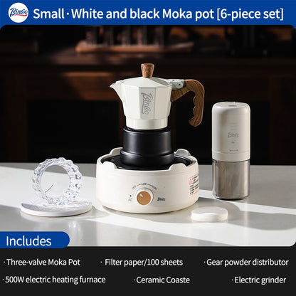 BINCOO Three-Valve Moka Pot with Electric Ceramic Stove Set Home Manual Grinder Compact Espresso Machine Outdoor Set 2Cups/1Cup