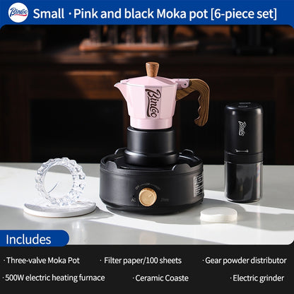BINCOO Three-Valve Moka Pot with Electric Ceramic Stove Set Home Manual Grinder Compact Espresso Machine Outdoor Set 2Cups/1Cup