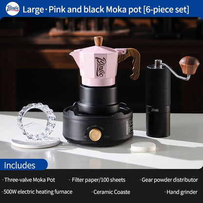 BINCOO Three-Valve Moka Pot with Electric Ceramic Stove Set Home Manual Grinder Compact Espresso Machine Outdoor Set 2Cups/1Cup