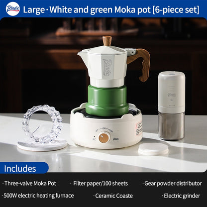 BINCOO Three-Valve Moka Pot with Electric Ceramic Stove Set Home Manual Grinder Compact Espresso Machine Outdoor Set 2Cups/1Cup
