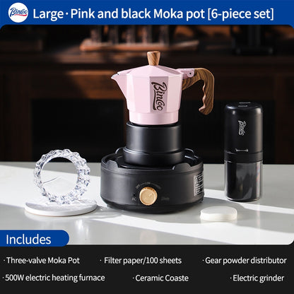 BINCOO Three-Valve Moka Pot with Electric Ceramic Stove Set Home Manual Grinder Compact Espresso Machine Outdoor Set 2Cups/1Cup