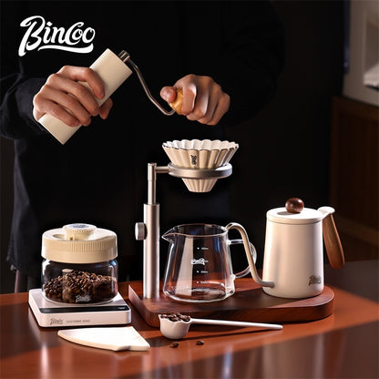 BINCOO Solid Wood Pour-Over Coffee Stand Home Ceramic Filter Cup Coffee Pot Set Complete Set with Manual Coffee Grinder