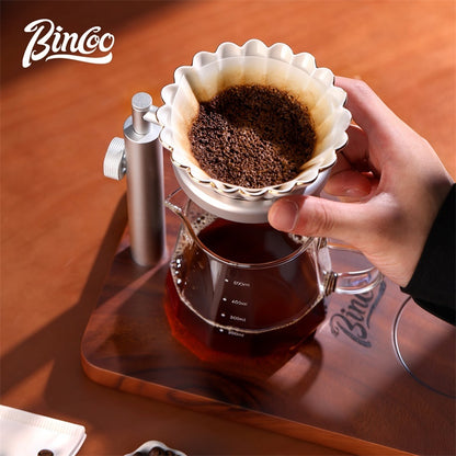 BINCOO Solid Wood Pour-Over Coffee Stand Home Ceramic Filter Cup Coffee Pot Set Complete Set with Manual Coffee Grinder