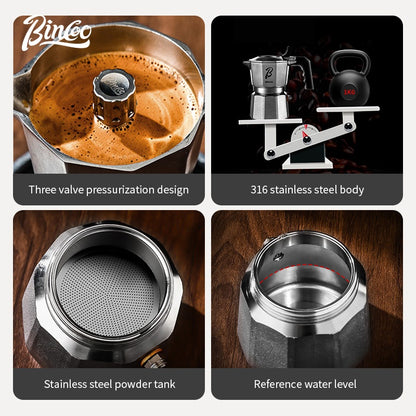 BINCOO 316 Stainless Steel Moka Pot Three-Valve Coffee Pot Home Use Compact Espresso Maker Set 2Cups