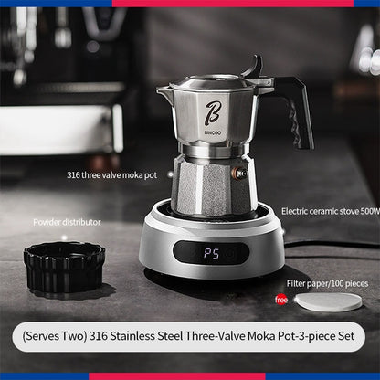 BINCOO 316 Stainless Steel Moka Pot Three-Valve Coffee Pot Home Use Compact Espresso Maker Set 2Cups