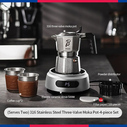 BINCOO 316 Stainless Steel Moka Pot Three-Valve Coffee Pot Home Use Compact Espresso Maker Set 2Cups