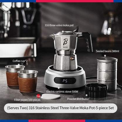 BINCOO 316 Stainless Steel Moka Pot Three-Valve Coffee Pot Home Use Compact Espresso Maker Set 2Cups