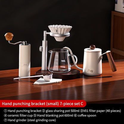 BINCOO Solid Wood Pour-Over Coffee Stand Home Ceramic Filter Cup Coffee Pot Set Complete Set with Manual Coffee Grinder