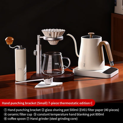 BINCOO Solid Wood Pour-Over Coffee Stand Home Ceramic Filter Cup Coffee Pot Set Complete Set with Manual Coffee Grinder