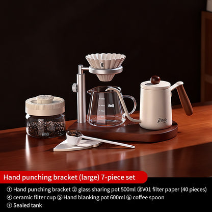BINCOO Solid Wood Pour-Over Coffee Stand Home Ceramic Filter Cup Coffee Pot Set Complete Set with Manual Coffee Grinder