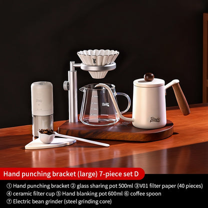 BINCOO Solid Wood Pour-Over Coffee Stand Home Ceramic Filter Cup Coffee Pot Set Complete Set with Manual Coffee Grinder