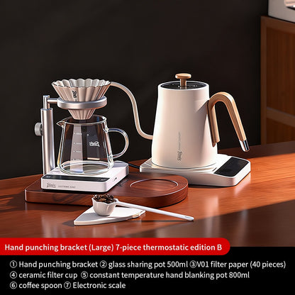 BINCOO Solid Wood Pour-Over Coffee Stand Home Ceramic Filter Cup Coffee Pot Set Complete Set with Manual Coffee Grinder