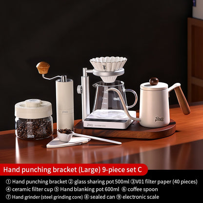 BINCOO Solid Wood Pour-Over Coffee Stand Home Ceramic Filter Cup Coffee Pot Set Complete Set with Manual Coffee Grinder