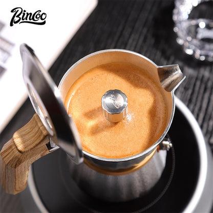 BINCOO Three-valve 316 Stainless Steel Moka Pot with Solid Wood Handle Home-use Compact Espresso Coffee Maker Set 2Cups
