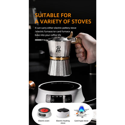 BINCOO Three-valve 316 Stainless Steel Moka Pot with Solid Wood Handle Home-use Compact Espresso Coffee Maker Set 2Cups