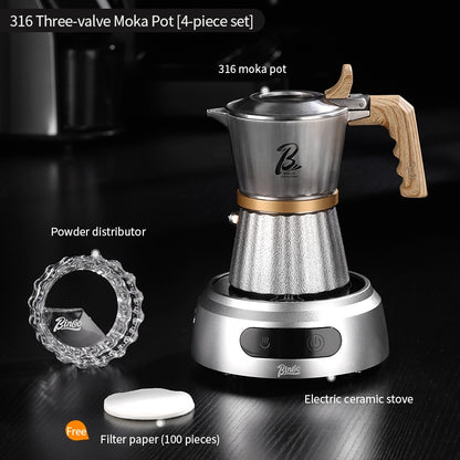 BINCOO Three-valve 316 Stainless Steel Moka Pot with Solid Wood Handle Home-use Compact Espresso Coffee Maker Set 2Cups