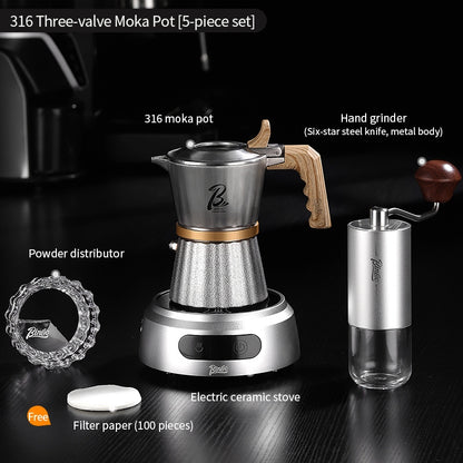 BINCOO Three-valve 316 Stainless Steel Moka Pot with Solid Wood Handle Home-use Compact Espresso Coffee Maker Set 2Cups