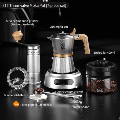 BINCOO Three-valve 316 Stainless Steel Moka Pot with Solid Wood Handle Home-use Compact Espresso Coffee Maker Set 2Cups