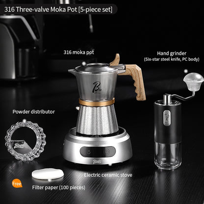BINCOO Three-valve 316 Stainless Steel Moka Pot with Solid Wood Handle Home-use Compact Espresso Coffee Maker Set 2Cups