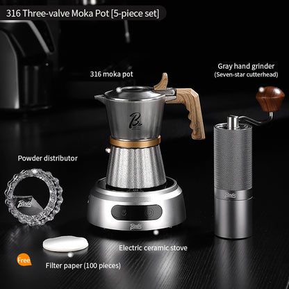 BINCOO Three-valve 316 Stainless Steel Moka Pot with Solid Wood Handle Home-use Compact Espresso Coffee Maker Set 2Cups
