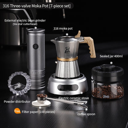 BINCOO Three-valve 316 Stainless Steel Moka Pot with Solid Wood Handle Home-use Compact Espresso Coffee Maker Set 2Cups