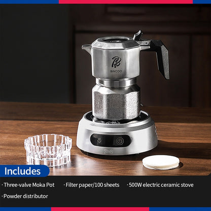 BINCOO 316 Stainless Steel Three-Valve Moka Pot with Electric Grinder Set Suitable for Outdoor Travel and Office Use 2Cups