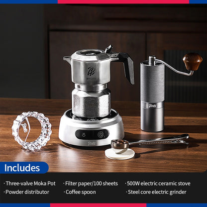 BINCOO 316 Stainless Steel Three-Valve Moka Pot with Electric Grinder Set Suitable for Outdoor Travel and Office Use 2Cups