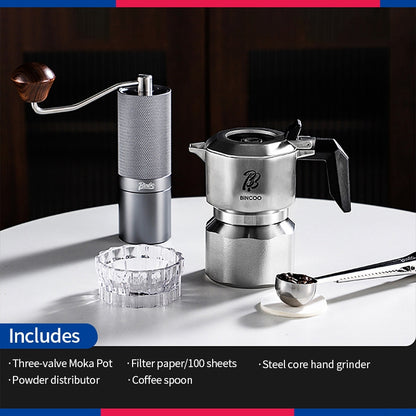 BINCOO 316 Stainless Steel Three-Valve Moka Pot with Electric Grinder Set Suitable for Outdoor Travel and Office Use 2Cups