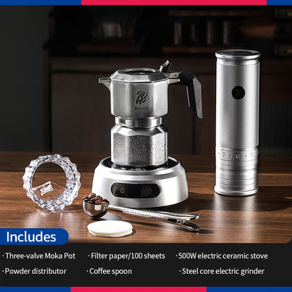 BINCOO 316 Stainless Steel Three-Valve Moka Pot with Electric Grinder Set Suitable for Outdoor Travel and Office Use 2Cups