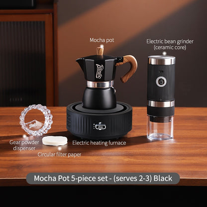 BINCOO Single-Valve Moka Pot Set Coffee Maker Home Coffee Machine with Electric Stove Set Coffee Bean Grinder Set 3Cups/6Cups