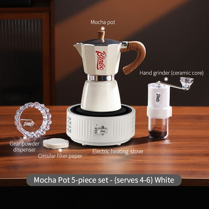 BINCOO Single-Valve Moka Pot Set Coffee Maker Home Coffee Machine with Electric Stove Set Coffee Bean Grinder Set 3Cups/6Cups