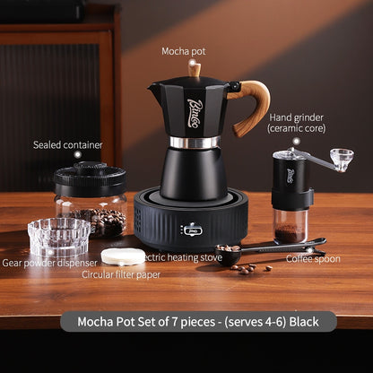 BINCOO Single-Valve Moka Pot Set Coffee Maker Home Coffee Machine with Electric Stove Set Coffee Bean Grinder Set 3Cups/6Cups