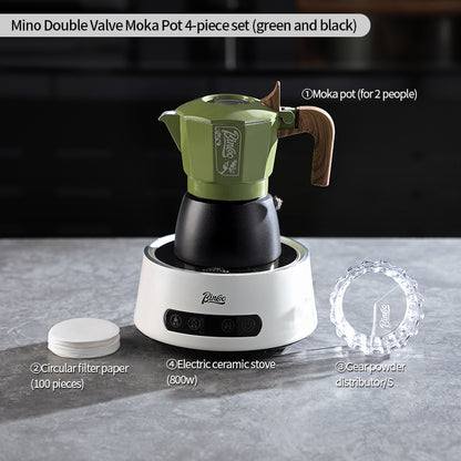 BINCOO Double-Valve Coffee Moka Pot with Electric Stove Set Home Coffee Brewing Set Italian Espresso Extraction Coffee Maker 2Cups