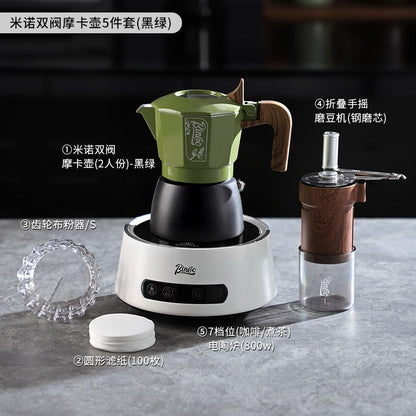 BINCOO Double-Valve Coffee Moka Pot with Electric Stove Set Home Coffee Brewing Set Italian Espresso Extraction Coffee Maker 2Cups