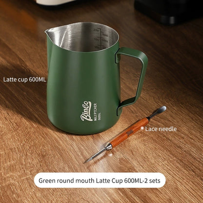 BINCOO Coffee Latte Art Cup with Latte Art Needle Professional Stainless Steel Coffee Latte Art Cup Thickened with Internal Graduations 350ML/600ML